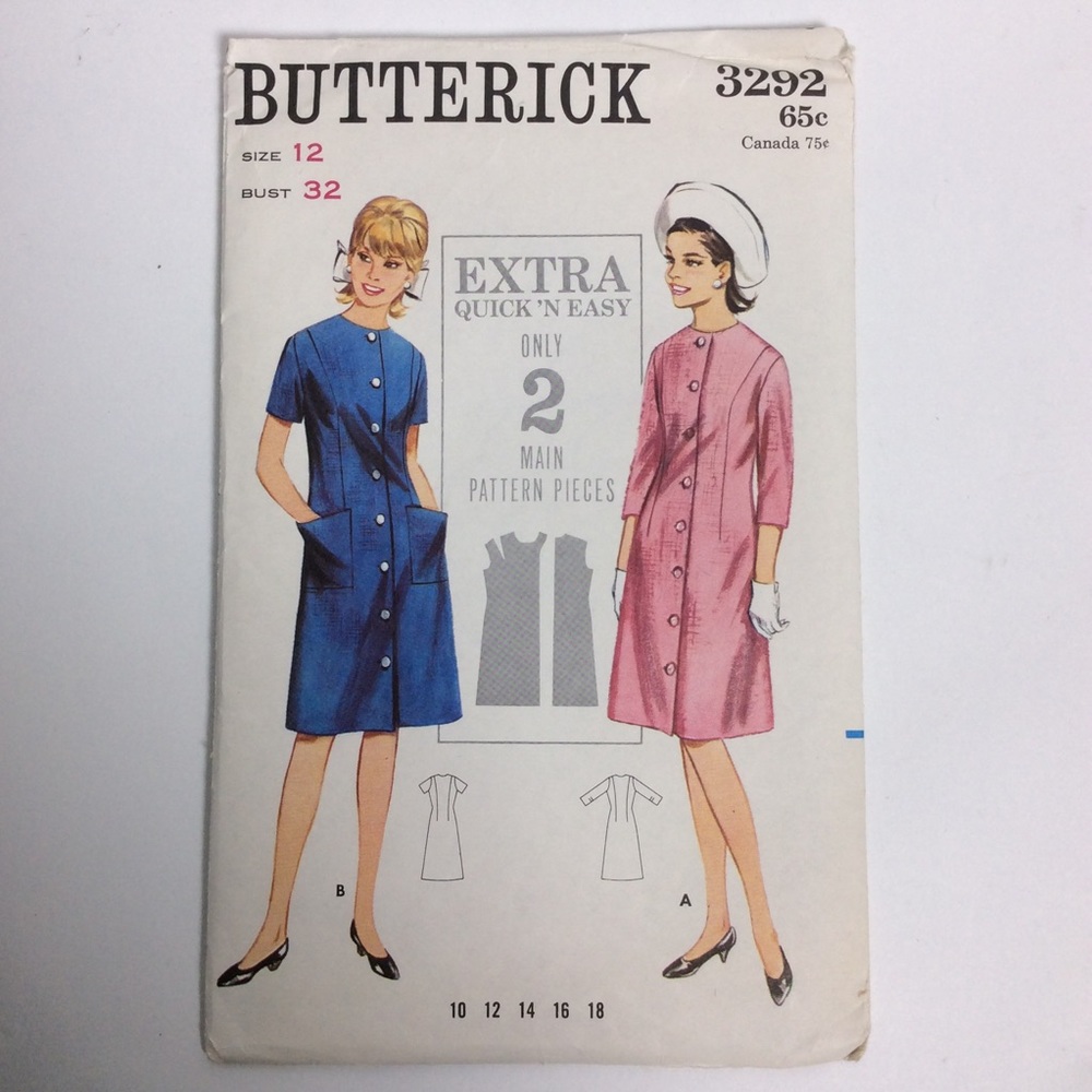 VTG Butterick Sewing Pattern #3292 1 Piece Dress